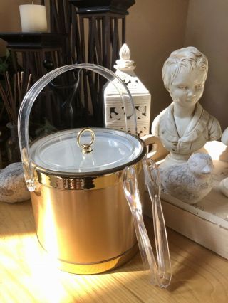 Vintage Georges Briard Gold Ice Bucket Mid Century Barware Lucite Tongs