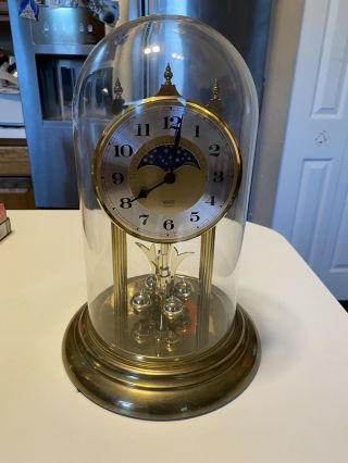 Vintage Trenkle Anniversary Clock West Germany Brass Moon Stars Glass Dome