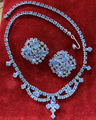 Vintage Signed Kramer Light Blue Rhinestone Rhodium Necklace & Earrings Set