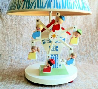 Vtg Nursery Child Lamp Music Box Wood Ferris Wheel Lullaby1974,  Orig Shade