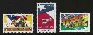 Texas - Lone Star State - Set Of 3 U.  S.  Postage Stamps -