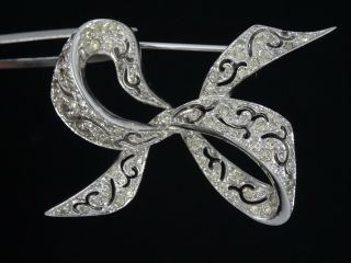 Vintage Signed Panetta Pave Rhinestone Jeweled Ribbon Bow Brooch Pin