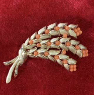 Vintage Signed Trifari Smooth & Textured Gold Tone Faux Coral Brooch
