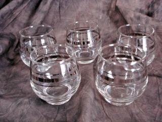 Cocktail Lowball Glass Set Of 5 Silver Mirror Bands 4 - 6 Oz Scotch/whiskey Vtg
