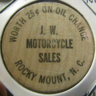 Vintage J.  W.  Motorcycle Sales Rocky Mount,  Nc Wooden Nickel - North Carolina 1