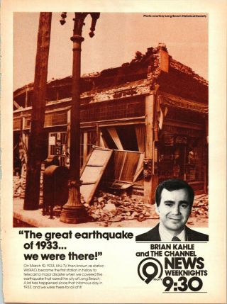 Brian Kahle Channel 9 News 1933 Earthquake Khj - Tv W6xao 1975 Vintage Print Ad