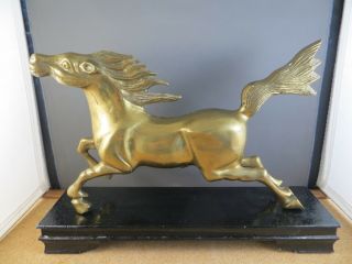 Vintage Running Horse Solid Brass Metal Statue Figurine On Wood Base 9 " Tall