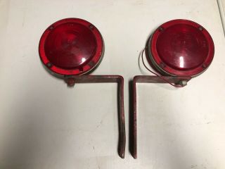 Large Vintage Pair Red Lights & Brackets Fire Truck Old Wrecker Warning 2 Sided