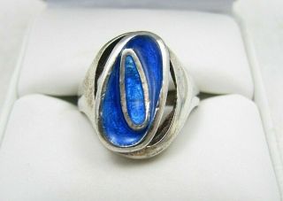 Vintage Blue Enamel Sterling Silver Signed Z28 Modernist Ring Sz 8.  25