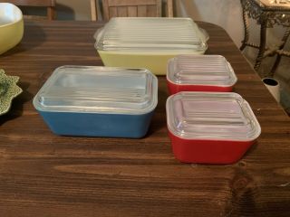 Vintage Pyrex Primary Color Refrigerator Set Of 4 With Lids