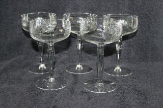 5 Vintage Gorgeous Etched Stemmed Crystal Glasses Flower Pattern 5 1/2 " X 3 "