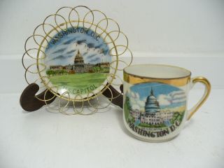 Miniature Cup & Saucer Set U.  S.  Capitol Washington Dc Souvenir Design Set Of 2