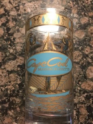 Vintage Cape Cod Ma Massachusetts Souvenir Glass Gold Trim Aqua Blue