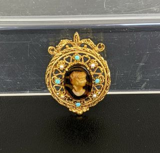 Vtg Florenza Cameo Brooch Pin Faux Pearl Turquoise Gold Oval Jewelry Victorian
