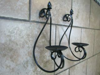 Vintage Set 2 Black Wrought Iron Metal Wall Sconce Candle Holders Scroll Gothic