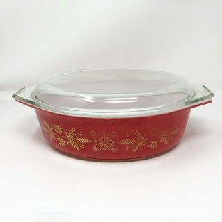 Vintage Pyrex Golden Poinsettia Red Oval Lidded Casserole Dish 045 2 1/2 Qt