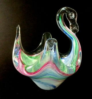 Vintage Murano ? Art Glass Swan Bowl Candy Dish Blue,  Pink And Green W/ Sticker