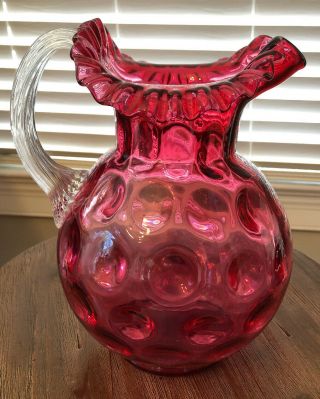 Vintage Fenton Cranberry Art Glass Opalescent Bubble Large Crimped Pitcher 10 "