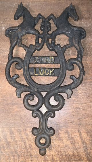 Vintage Trivet “good Luck” W/horses.  Cast Iron 8 1/2” Long.  Kitchen Display