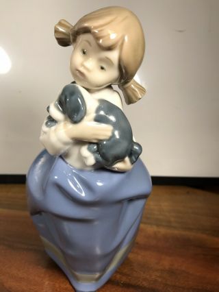 Vintage Lladro Girl With Pigtails And Dog 7.  5 Inches Tall
