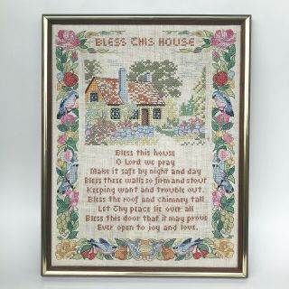 Vintage Paragon Bless This House Poem Completed Finished Cross Stitch Mounted