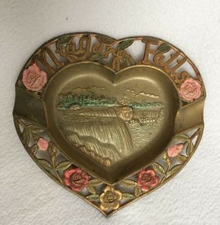 Vintage Niagara Falls Souvenir Metal Ashtray - Japan Die Cut Heart Shape Roses