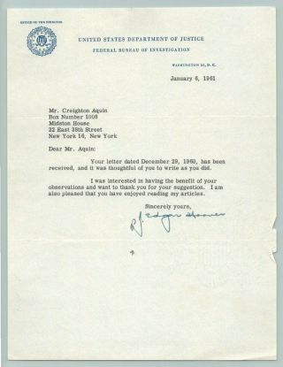 1961 Vintage J Edgar Hoover Signed Autograph Letter On Fbi Letterhead