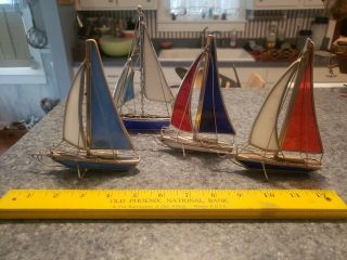 4 - Vintage Blue White Red Sailboat Stained Glass Suncatcher Stand Alone Estate