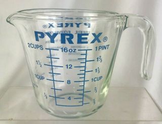 Vintage Pyrex 2 Cup Blue Lettering Measuring Cup Mixing Bowl Open Handle 516 - 0