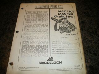 Mcculloch Mac 110,  120,  Chainsaw,  Illustrated Parts List,  Vintage Chainsaw Y5