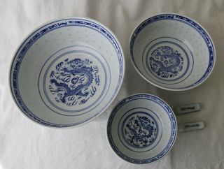 3 Vintage Chinese Blue and White Porcelain Rise Bowls and 2 Chopstick Rests 3