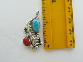 Vintage Southwestern Navajo Turquoise,  Coral,  & Feather Sterling Silver Pendant