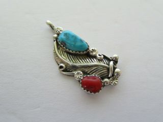 Vintage Southwestern Navajo Turquoise,  Coral,  & Feather Sterling Silver Pendant 2