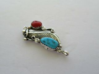 Vintage Southwestern Navajo Turquoise,  Coral,  & Feather Sterling Silver Pendant 3
