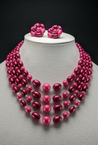 Gorgeous Vintage 4 Strand Bright Pinks Bead Necklace & Earrings Set Marked Japan