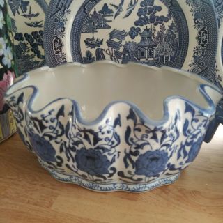 Vintage Blue White Floral Ceramic Ruffle Edge Chinoiserie Planter Vase