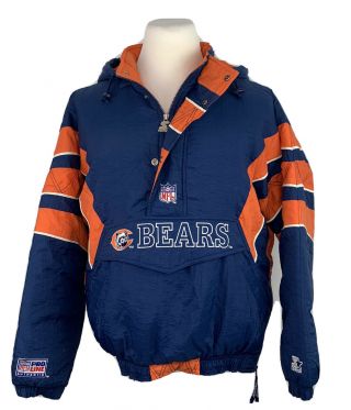 Vintage Chicago Bears Nfl 1/2 Zip Pullover Hooded Starter Jacket Coat Mens L