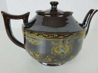 Vintage Brown Glazed Beaded Tea Pot With Gold Trim Teapot
