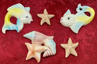 5 Pc Vintage Ceramic Wall Plaques Big Eye Fish Under The Sea Star Fish Shells