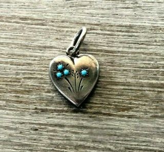 Vtg Victorian Sterling Silver Puffy Heart Charm Turquoise Stones Floral " Mama "