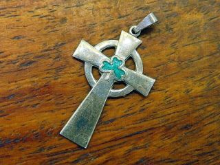 Vintages Silver Ireland Irish Celtic Cross Enamel Shamrock Luck Pendant Charm