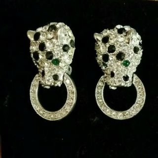 Vintage Kjl Kenneth Jay Lane Pave Rhinestone Crystal Leopard Clip On Earrings