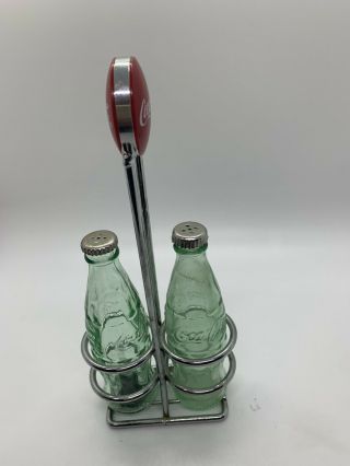 Vintage Pair Clear Coca Cola Bottle Salt And Pepper Shakers With Rack