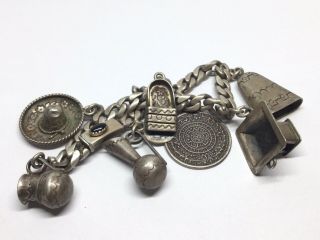 Vintage ERAS Southwest Sterling Silver Onyx Charm 7.  25” Chain Bracelet (44g) 2