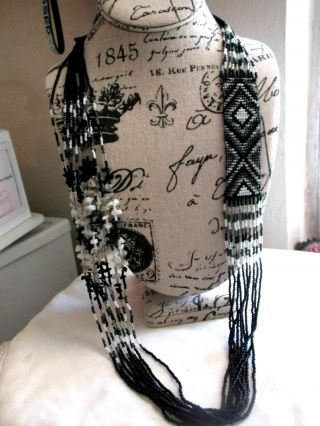 Black Slv Vtg Native American Hand Made Glass Seed Beads Multi Strand Necklace