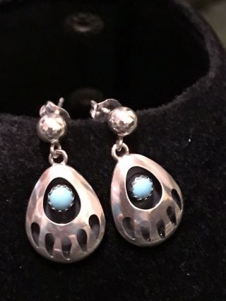 Vintage Native American Navajo Sterling Silver Turquoise Bear Claw Earrings