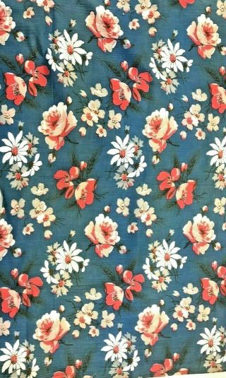 Vintage Fabric Plisse (like Seersucker) Dark Teal Blue Pink Red Roses 3 Yards