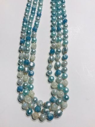 Vintage Multi Strand Blue Beaded Necklace Matching Clip On Earrings Lucite