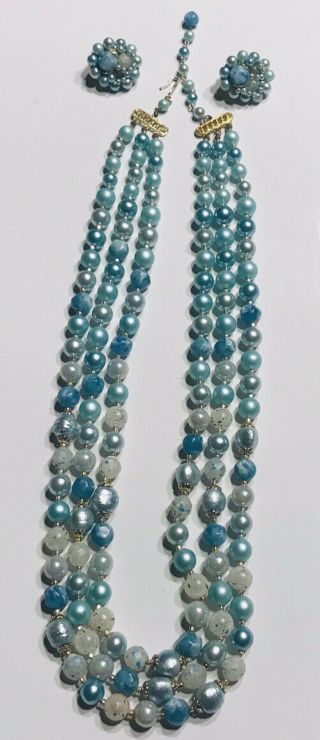 Vintage Multi Strand Blue Beaded Necklace Matching Clip On Earrings Lucite 2