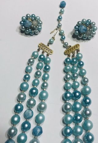 Vintage Multi Strand Blue Beaded Necklace Matching Clip On Earrings Lucite 3